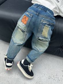 Young Boy Regular Fit Thick Loose Denim Jeans With Pockets & Distressed Design, Autumn