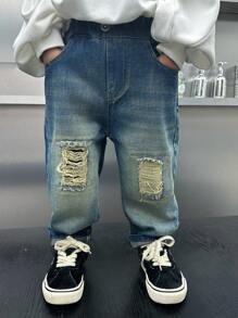 Young Boy Regular Fit Thick Loose Denim Jeans With Pockets & Distressed Design, Autumn