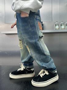 Young Boy Regular Fit Thick Loose Denim Jeans With Pockets & Distressed Design, Autumn