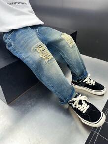 Young Boy Regular Fit Thick Loose Denim Jeans With Pockets & Distressed Design, Autumn