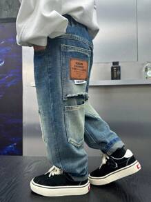 Young Boy Regular Fit Thick Loose Denim Jeans With Pockets & Distressed Design, Autumn