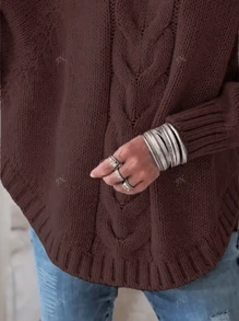 Plus Size Solid Color Cable Long Sleeve Casual Pullover Sweater, For Winter