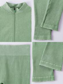 1 Set Women's Fashion Matte Long Sleeve Long Pants Workout Set, Ribbed Zip Sports Suit For Outdoor Shapewear - Army Green - View 5