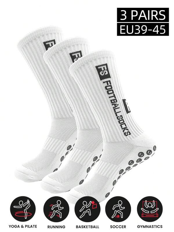 3 Pairs Anti-Slip Mid-Calf Soccer Socks, Suitable For Trampoline, Running, Hiking, Fitness, Baseball, Basketball, Tennis, Breathable Quick-Dry Sports Socks, EU Size 39-45