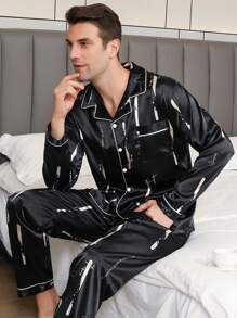 Men's Satin Pajama Set Long Pants Silk Pajama Button Style Long Sleeved Cardigan Top Home Clothing For Spring And Autumn Comfortable And Soft Two Pieces Sets Loungewear, Fall Clothes