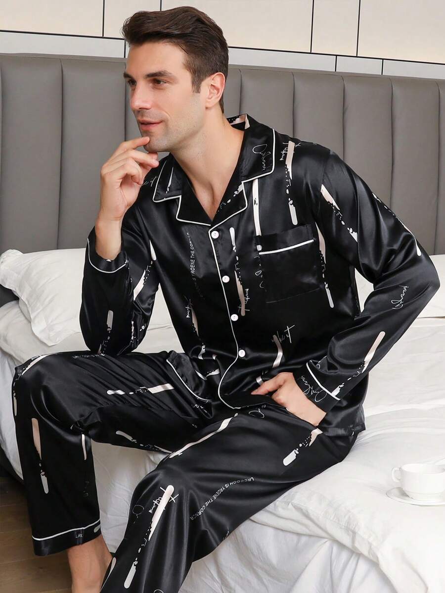 Men's Satin Pajama Set Long Pants Silk Pajama Button Style Long Sleeved Cardigan Top Home Clothing For Spring And Autumn Comfortable And Soft Two Pieces Sets Loungewear, Fall Clothes