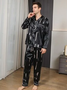 Men's Satin Pajama Set Long Pants Silk Pajama Button Style Long Sleeved Cardigan Top Home Clothing For Spring And Autumn Comfortable And Soft Two Pieces Sets Loungewear, Fall Clothes