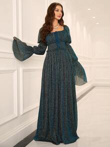 Women's Lotus Leaf Sleeve Ruched Front Tie Dress With Glitter - Blue - View 6