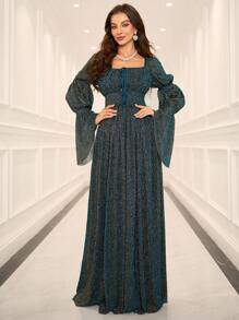 Women's Lotus Leaf Sleeve Ruched Front Tie Dress With Glitter - Blue - View 1