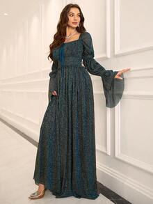 Women's Lotus Leaf Sleeve Ruched Front Tie Dress With Glitter - Blue - View 5