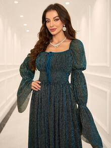 Women's Lotus Leaf Sleeve Ruched Front Tie Dress With Glitter - Blue - View 4