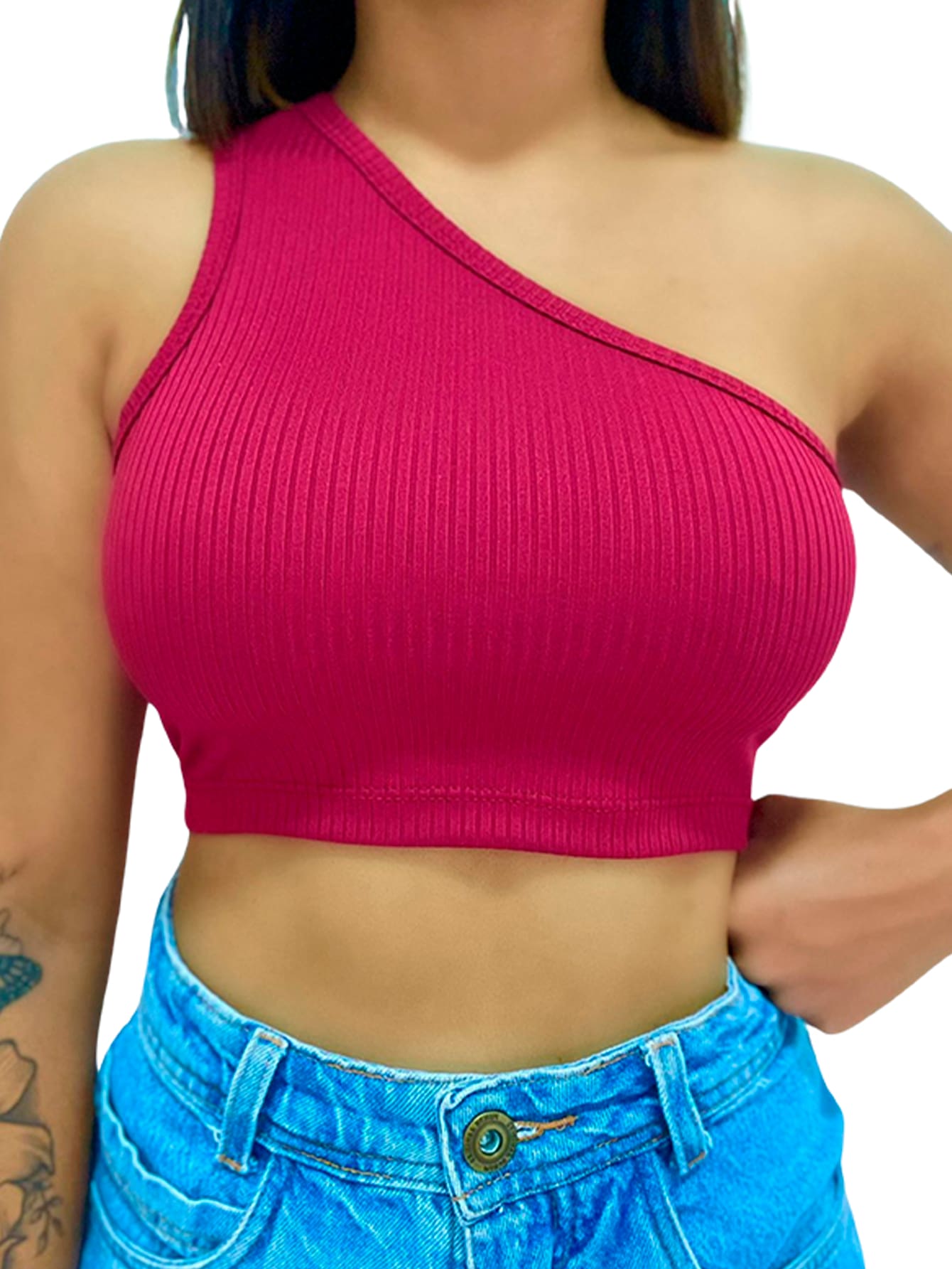 Basic One Shoulder Mula Manca Cropped Top - 酒紅色 - 查看 1