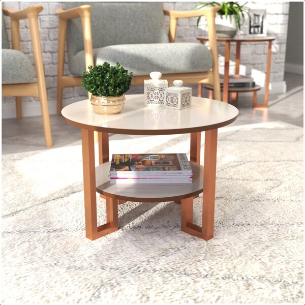 Mesa De Centro 2 Tampos Decorativa Para Sala Com Pés em Metal Rosé Tampo Bege Com Freijó