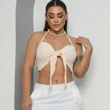 Cropped Top With Straps And Knot - 米色 - 查看 6
