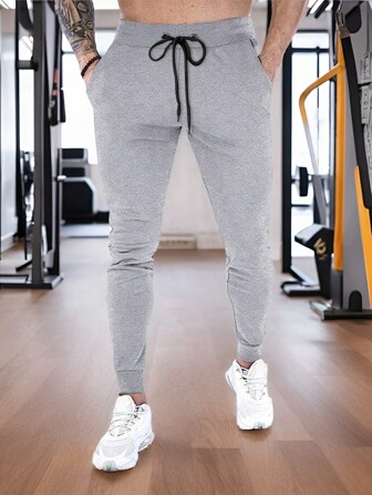 1pc Boyfriend Style Men's Casual Running Pants With Elastic Waistband & Drawstring, Workout Fitness Gym Pants