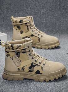 Round Toe Men's Boots, British Style Mid-Calf Flat Outdoor Motorcycle Boots Suitable For Outdoor Riding & Hiking - Khaki - View 1