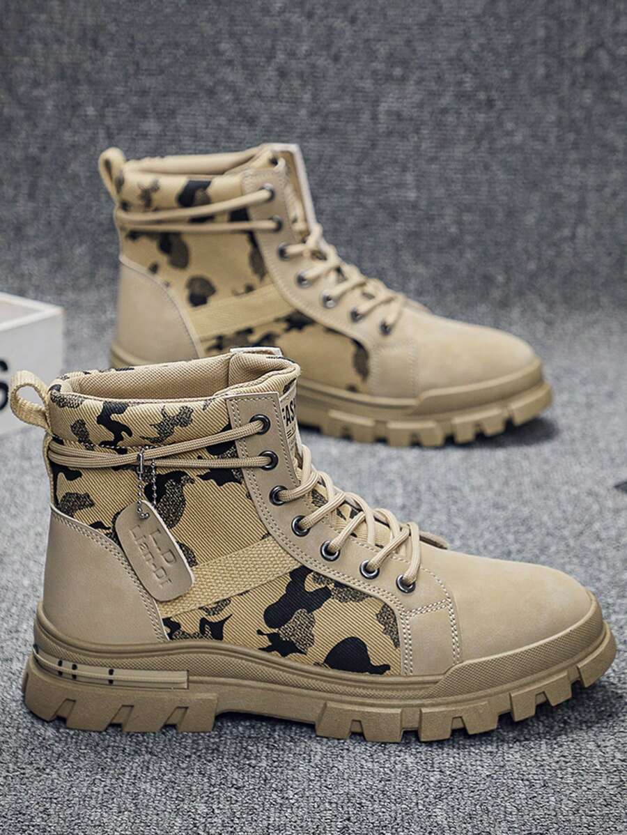 Round Toe Men's Boots, British Style Mid-Calf Flat Outdoor Motorcycle Boots Suitable For Outdoor Riding & Hiking - Khaki - View 1