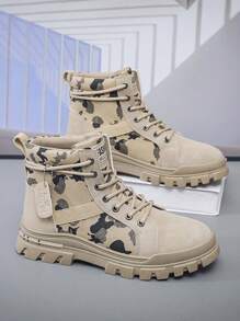 Round Toe Men's Boots, British Style Mid-Calf Flat Outdoor Motorcycle Boots Suitable For Outdoor Riding & Hiking - Khaki - View 4