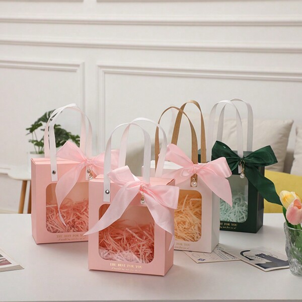 10 peças de sacolas de presente de papelão branco com janela transparente, caixas de doces transparentes dobráveis, sacolas de presente de casamento, damas de honra, caixas de presente de aniversário