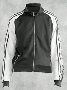 Mens Side Stripe Snake Tape Zip Up Track Jacket Activewear - Black - View 2