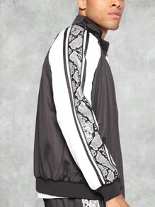 Mens Side Stripe Snake Tape Zip Up Track Jacket Activewear - Black - View 6