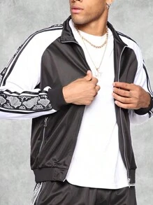 Mens Side Stripe Snake Tape Zip Up Track Jacket Activewear - Black - View 5