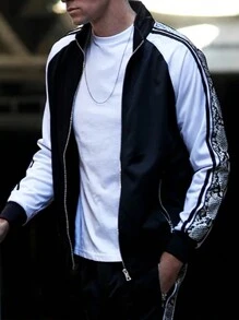 Mens Side Stripe Snake Tape Zip Up Track Jacket Activewear - Black - View 1