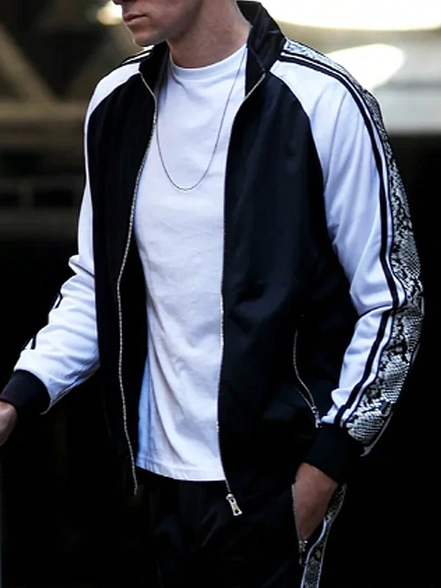 Mens Side Stripe Snake Tape Zip Up Track Jacket Activewear - Black - View 1