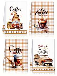 2 件/4 件咖啡爱好者礼品套装：棕色格子图案厨房毛巾，24 X 16 英寸，现代风格，柔软卡通主题，非常适合厨房或农舍装饰 - 咖啡棕 - 查看 5