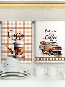 2 件/4 件咖啡爱好者礼品套装：棕色格子图案厨房毛巾，24 X 16 英寸，现代风格，柔软卡通主题，非常适合厨房或农舍装饰 - 咖啡棕 - 查看 6
