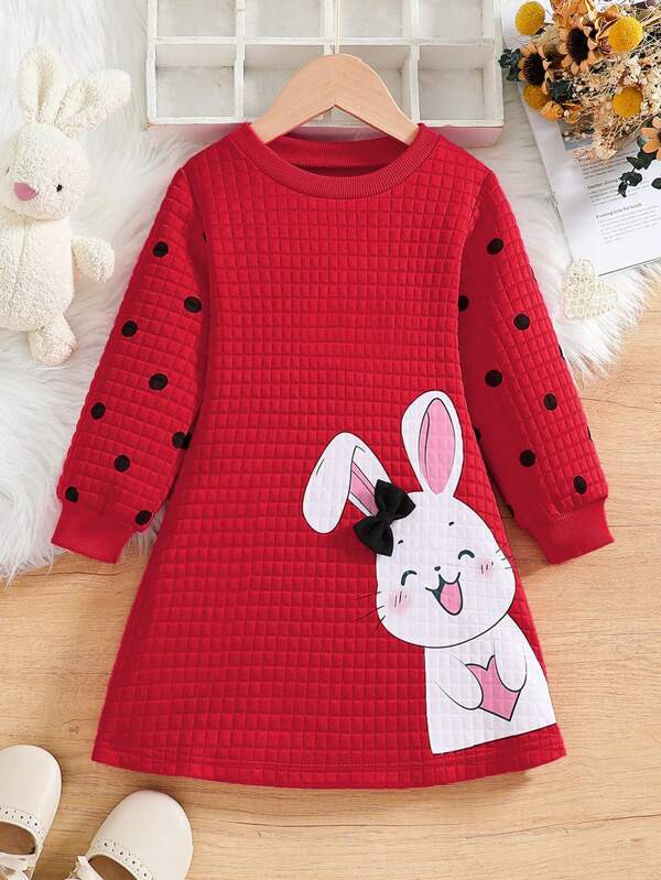Vestido elegante de cuello redondo, manga larga, con estampado de conejito lindo y lazo, apropiado para otoño e invierno, para niña