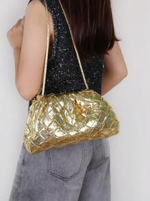 Túi mây dệt thủ công thời trang mới 2025, túi đeo vai và đeo chéo hình bánh bao xếp ly màu vàng - Vàng - Xem 10