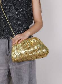 Túi mây dệt thủ công thời trang mới 2025, túi đeo vai và đeo chéo hình bánh bao xếp ly màu vàng - Vàng - Xem 8