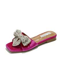 Women's Rhinestone Bow Slide Sandals - Square Toe Low Heel For Casual Stroll - Hồng - Xem 3