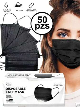 Osmos Cubrebocas Negro 50pz  Tricapa Termosellado Tapabocas