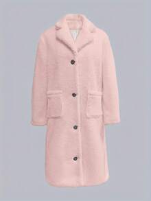 Long Sleeve Lapel Solid Color Plush Top Long Coat - Pink - View 3