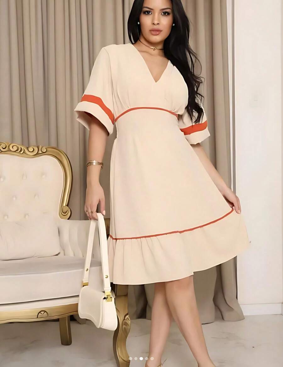 Women's Short Elegant V-Neck Dress - 奶油色 - 查看 1