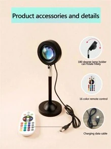 1 pieza Lámpara proyector de atardecer de 16 colores con control remoto y alimentación USB - 4 ajustes de modo, para fotografía, selfie, fiesta, decoración del hogar - excelente regalo para mujeres, niñas, bodas, Halloween, Navidad
