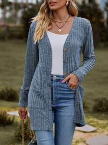 女士休闲纯色双口袋针织开衫外套，秋冬 - 藍色 - 查看 2