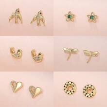 1 Cặp bông tai đính đá Zirconia hình chuồn chuồn, chim và hoa thiết kế sang trọng, đa năng cho các dịp và ngày lễ của phụ nữ - Vàng - Xem 2