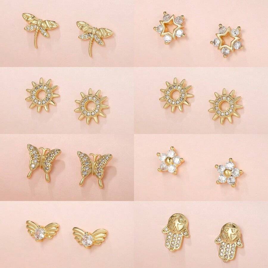 1 Cặp bông tai đính đá Zirconia hình chuồn chuồn, chim và hoa thiết kế sang trọng, đa năng cho các dịp và ngày lễ của phụ nữ - Vàng - Xem 1