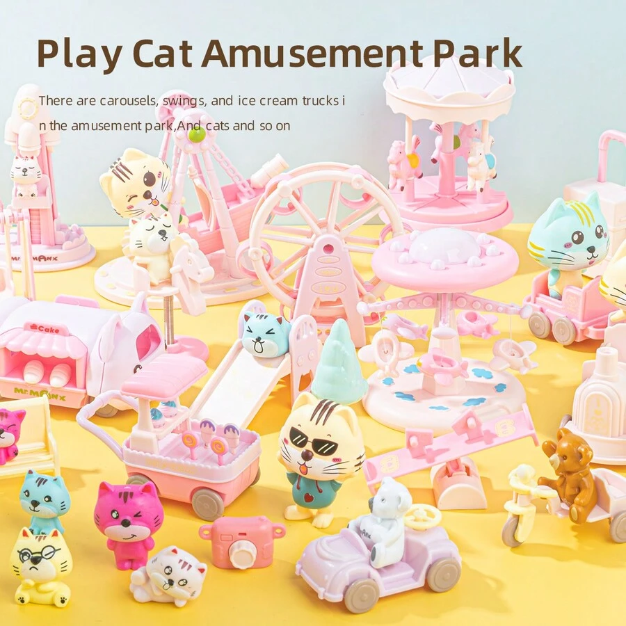 Cat Toys For Kids Pink Amusement Park Carousel Pirate Ship Ferris Wheel Pretend Play Cat Figures Playset Toddler Toy Interactive Kitten Role Play Set Realistic Cats Care Center For Girls Boys Age 3 4 5 6+ Birthday Gift Christmas Gift
