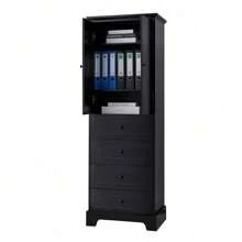 Storage Cabinet With 2 Doors And 4 Drawers For Bathroom, Office, Adjustable Shelf, MDF Board With Painted Finish, Black Mo-Autos