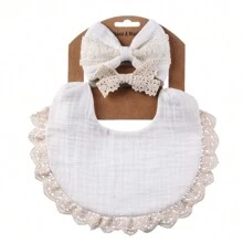 Adjustable Baby Girl Bow Headband & Saliva Towel Set, Lace Detail, Solid Color Double-Sided Waterproof Dribble Bib, Cute & Versatile - Multicolor - View 13