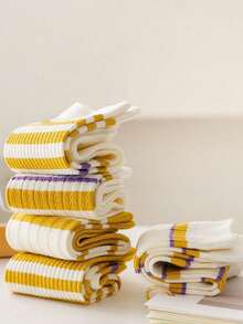 5 双女士黄白条纹中筒袜，柔软舒适，适合春夏秋季日常穿着 - 彩色 - 查看 2