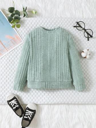 年轻女孩时尚休闲纯色不对称竖条纹针织圆领长袖毛衣，秋冬