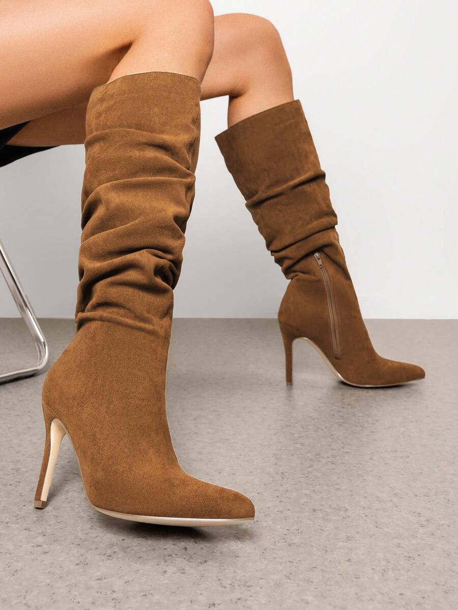 Knee High Boots For Women, Pointed Toe Stiletto High Heel Slouchy Suede Sexy Comfortable All-Day Wear For Dating And Party Tall Boots - 棕色 - 查看 1