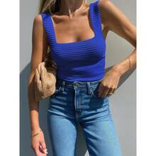 Womens Ribbed Tank Tops 2024 Summer Sleeveless Square Neck Shirts Casual Slim Fitted Knit Shirts - 藍色 - 查看 3