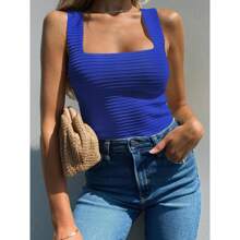 Womens Ribbed Tank Tops 2024 Summer Sleeveless Square Neck Shirts Casual Slim Fitted Knit Shirts - 藍色 - 查看 2