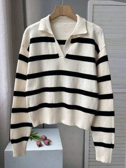 FOR BEAUTY Spring And Autumn New POLO Collar Half Open Retro Stripe Color Blocked Long Sleeved Knitted Sweater Women's J Fashion Loose Old Money Style Graduation Outfit Knit Top Jumpers For Women New Year
